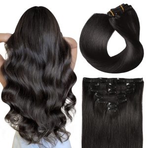 SUYYA 16 Inch 120g 7pcs Clip in Hair Extensions, Straight Double Weft Natural Black (16 inches #1B Off Black)