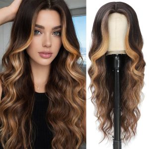 Long Brown Highlight Blonde Wig for Women Natural Looking Wavy Curly Synthetic Hair Wig Tangle Free Heat Resistant Comfortable for Daily Wear