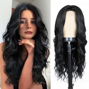 Long Black Wig for Women 26 Inch Middle Part Wavy Women Charming Hair Realistic Natural Looking Synthetic Heat Resistant Fiber Wig for Daily Party Use